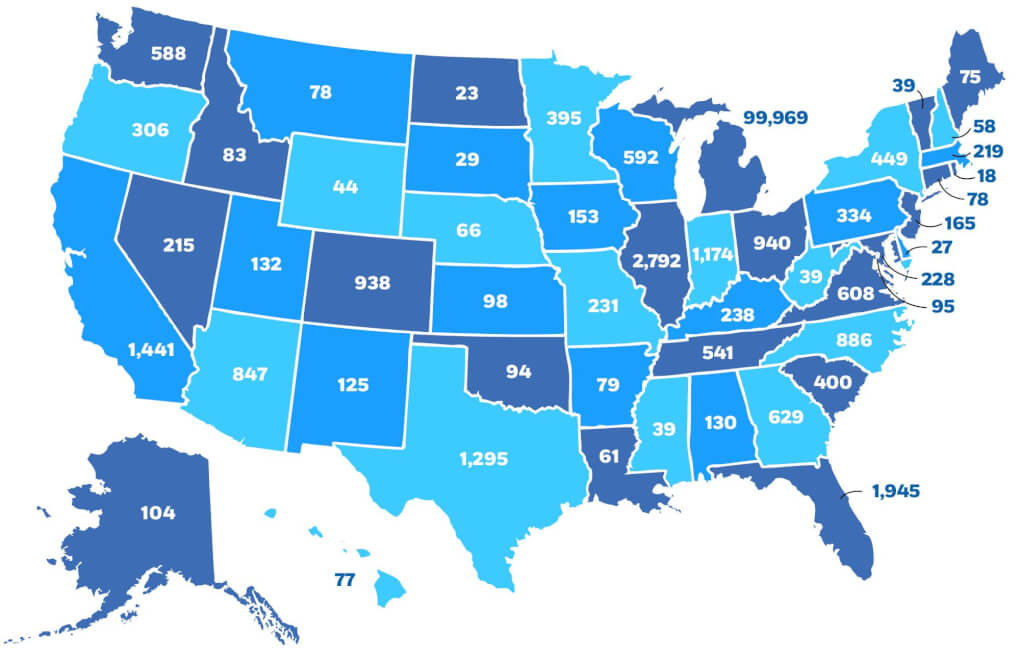 Map of US showing how many alumni are located in each state